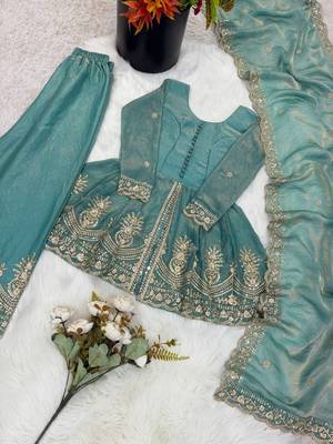 Kids girls sea green fendy silk peplum kurti with palazzo and dupatta set 3