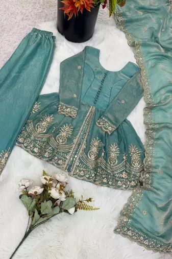 Kids girls sea green fendy silk peplum kurti with palazzo and dupatta set