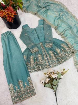 Kids girls sea green fendy silk peplum kurti with palazzo and dupatta set 4
