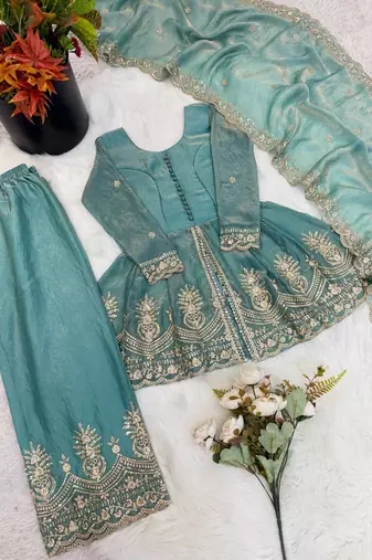 Kids girls sea green fendy silk peplum kurti with palazzo and dupatta set