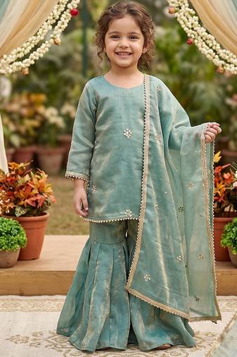 Girls sea green golden fendy silk embroidered work sharara suit set