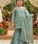 Girls sea green golden fendy silk embroidered work sharara suit set