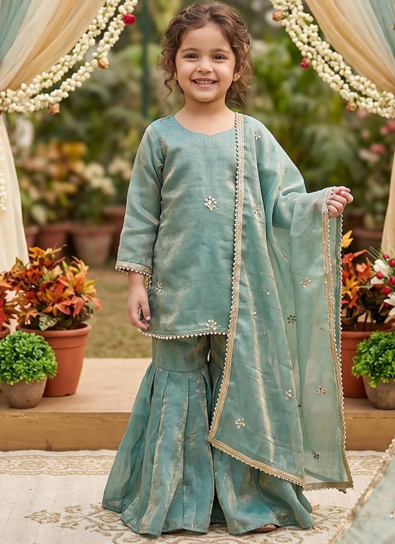 Girls sea green golden fendy silk embroidered work sharara suit set
