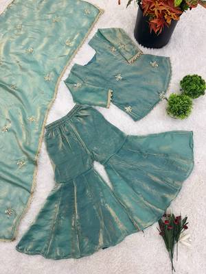 Girls sea green golden fendy silk embroidered work sharara suit set 2