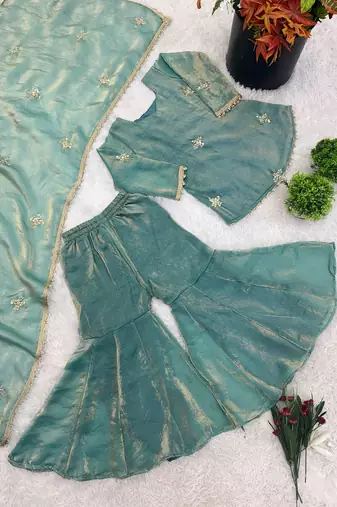 Girls sea green golden fendy silk embroidered work sharara suit set