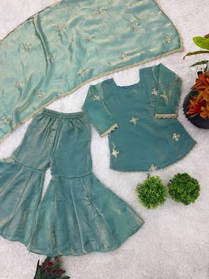 Girls sea green golden fendy silk embroidered work sharara suit set 3