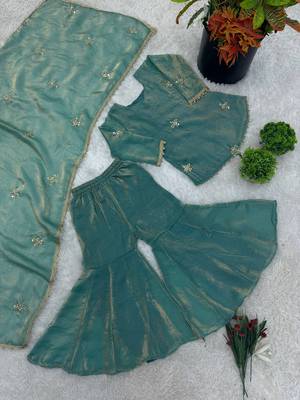 Girls sea green golden fendy silk embroidered work sharara suit set 4