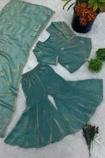 Girls sea green golden fendy silk embroidered work sharara suit set