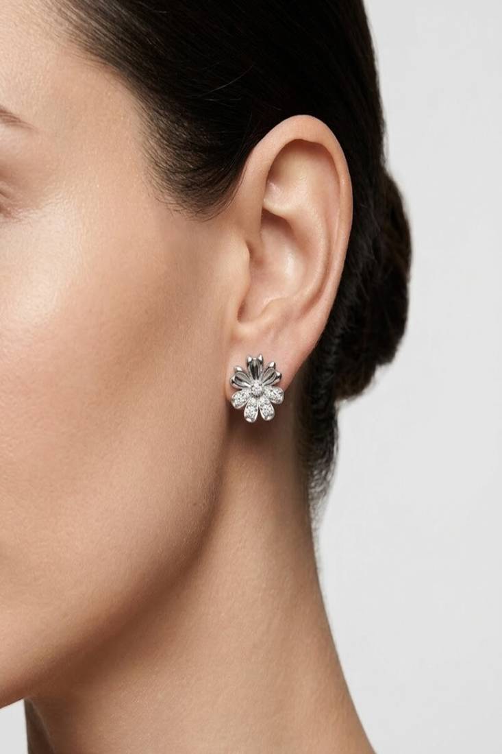 925 sterling silver Sculpted Flower Diamond Stud Earrings