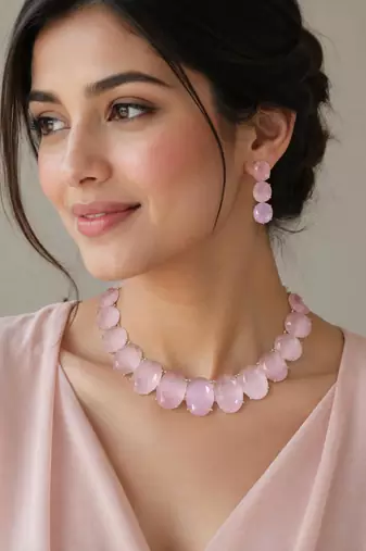 Baby pink ad stone rhodium-plated necklace set with earrings