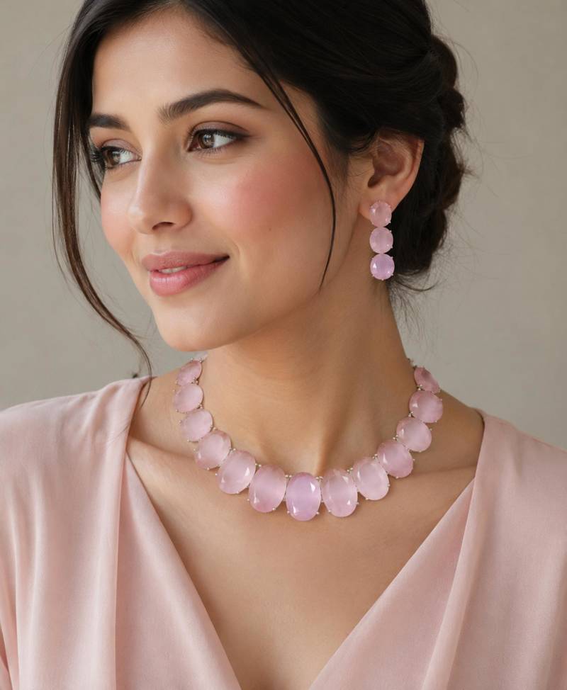 Baby pink ad stone rhodium-plated necklace set with earrings