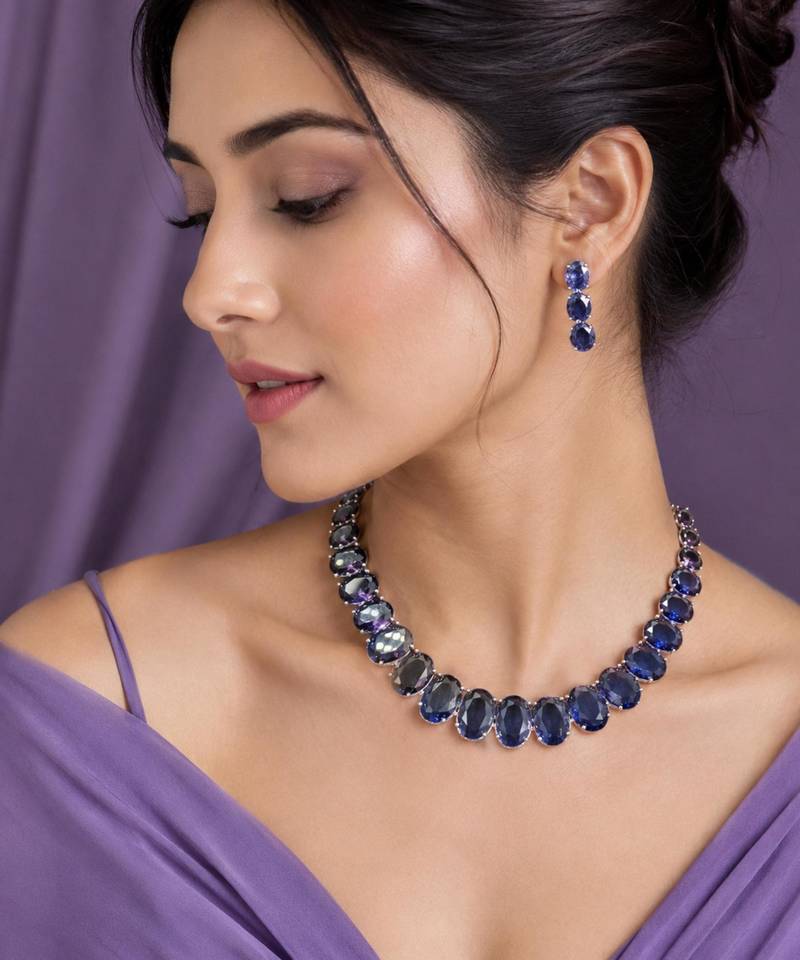 Purple ad stone rhodium-plated necklace set with earrings