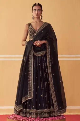 black silk blend embroidered lehenga choli