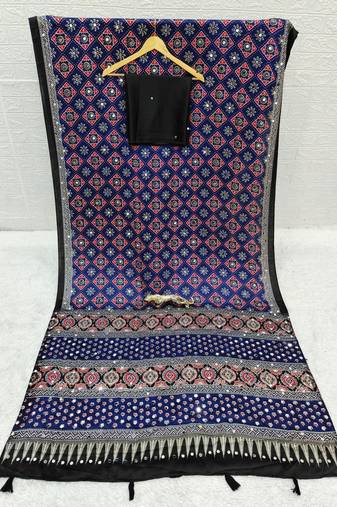Multi Blue Color  Mirror Work Satin Saree