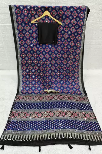 Multi Blue Color  Mirror Work Satin Saree
