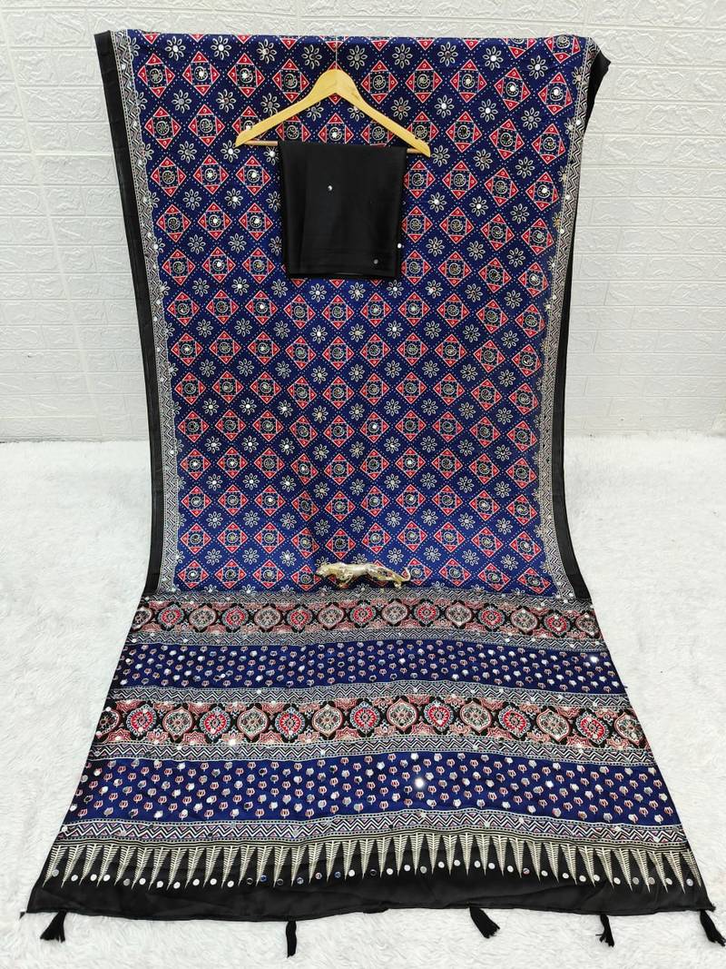 Multi Blue Color  Mirror Work Satin Saree
