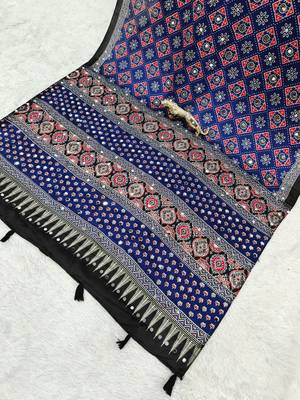 Multi Blue Color  Mirror Work Satin Saree 2