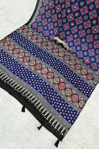 Multi Blue Color  Mirror Work Satin Saree