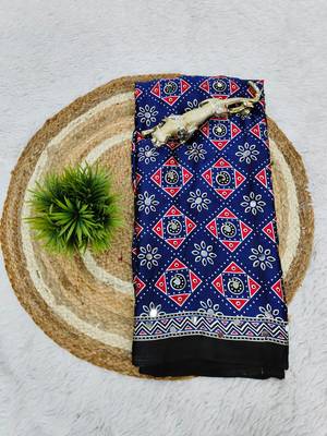 Multi Blue Color  Mirror Work Satin Saree 3