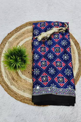 Multi Blue Color  Mirror Work Satin Saree