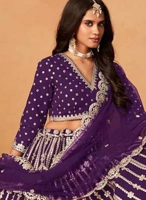 purple silk blend embroidered lehenga set 3