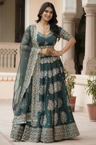 Green Zari, Thread, and Sequins Embroidered French Crepe indian designer wedding Lehenga Choli dress