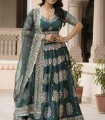Green Zari, Thread, and Sequins Embroidered French Crepe indian designer wedding Lehenga Choli dress