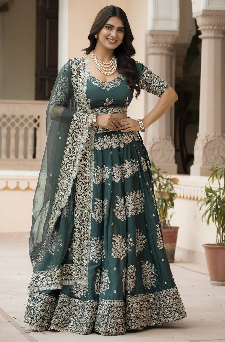 Green Zari, Thread, and Sequins Embroidered French Crepe indian designer wedding Lehenga Choli dress