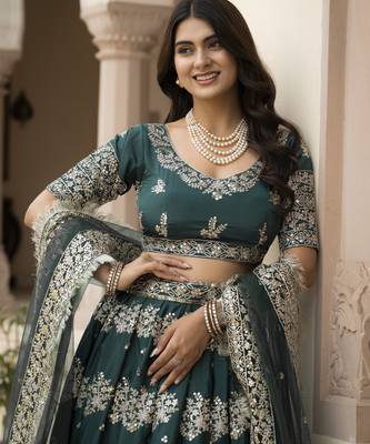 Green Zari Thread and Sequins Embroidered French Crepe indian designer wedding Lehenga Choli dress 2