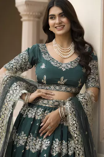 Green Zari, Thread, and Sequins Embroidered French Crepe indian designer wedding Lehenga Choli dress