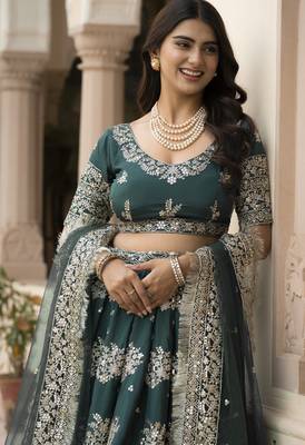 Green Zari Thread and Sequins Embroidered French Crepe indian designer wedding Lehenga Choli dress 3