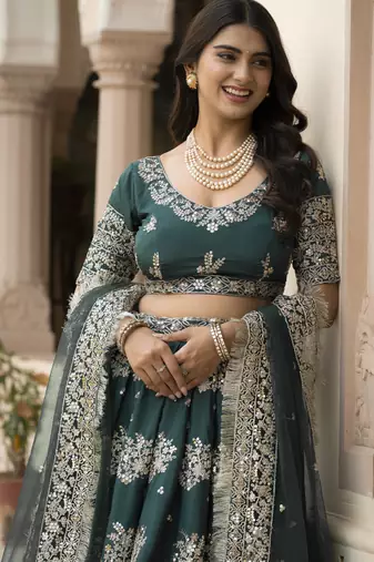 Green Zari, Thread, and Sequins Embroidered French Crepe indian designer wedding Lehenga Choli dress