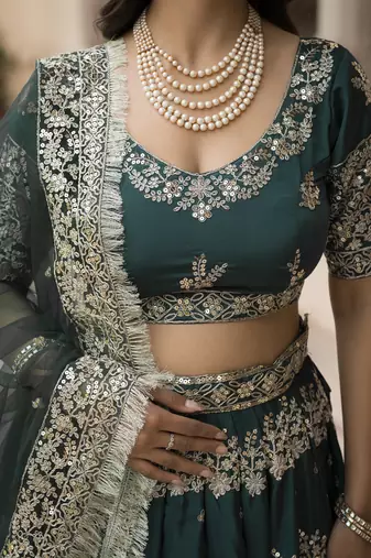 Green Zari, Thread, and Sequins Embroidered French Crepe indian designer wedding Lehenga Choli dress