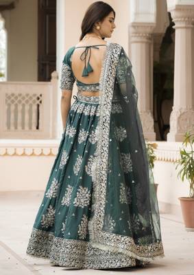 Green Zari Thread and Sequins Embroidered French Crepe indian designer wedding Lehenga Choli dress 5