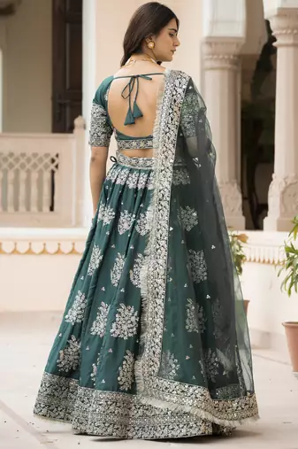 Green Zari, Thread, and Sequins Embroidered French Crepe indian designer wedding Lehenga Choli dress