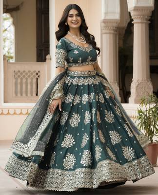 Green Zari Thread and Sequins Embroidered French Crepe indian designer wedding Lehenga Choli dress 6