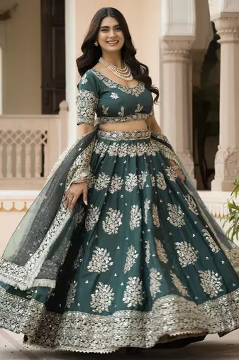 Green Zari, Thread, and Sequins Embroidered French Crepe indian designer wedding Lehenga Choli dress