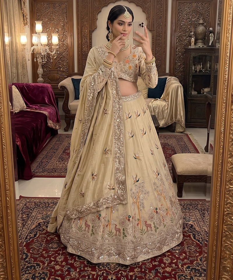 Elegant Ivory Embroidered Bridal Lehenga Choli with Dupatta