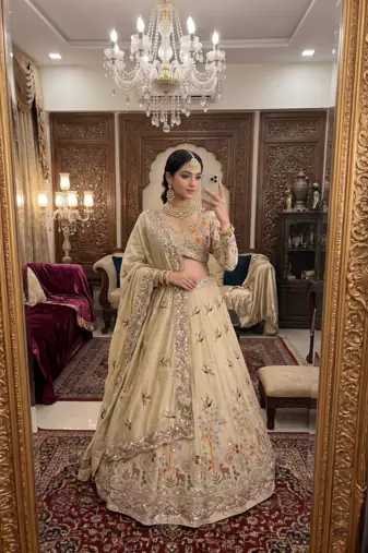 Elegant Ivory Embroidered Bridal Lehenga Choli with Dupatta