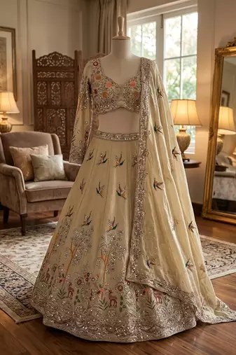 Elegant Ivory Embroidered Bridal Lehenga Choli with Dupatta