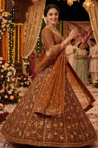 dark orange net embroidered lehenga choli
