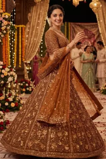 dark orange net embroidered lehenga choli
