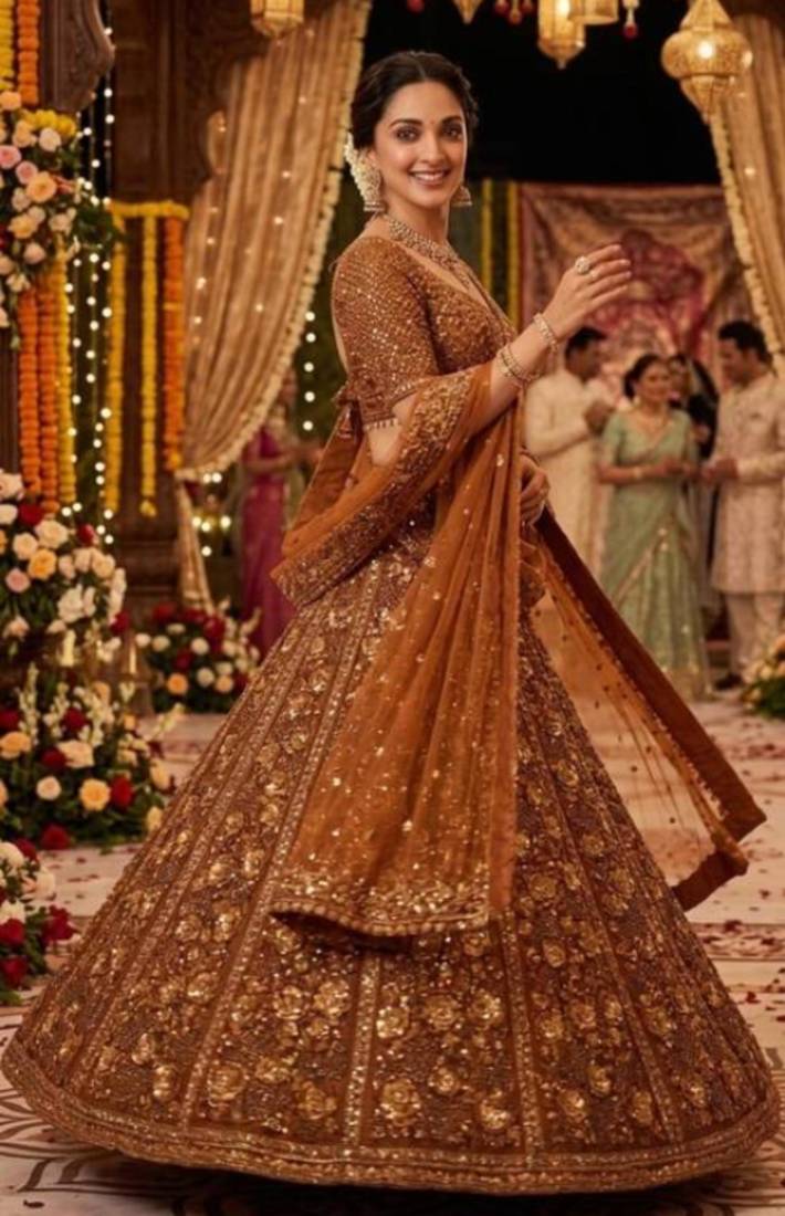 dark orange net embroidered lehenga choli