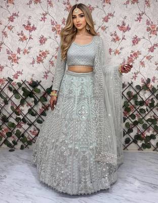 sea green net embroidered lehenga choli 1