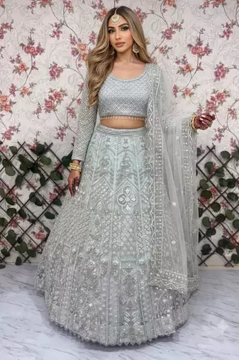 sea green net embroidered lehenga choli