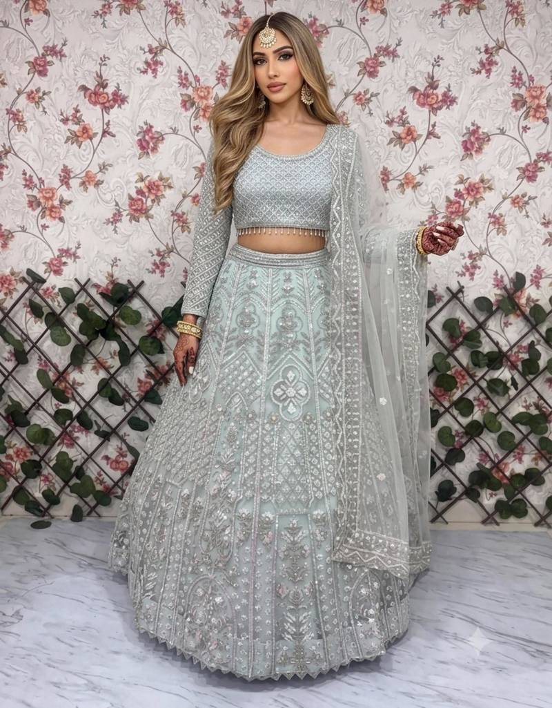 sea green net embroidered lehenga choli