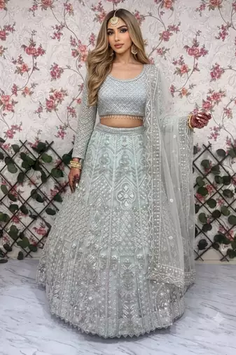 sea green net embroidered lehenga choli