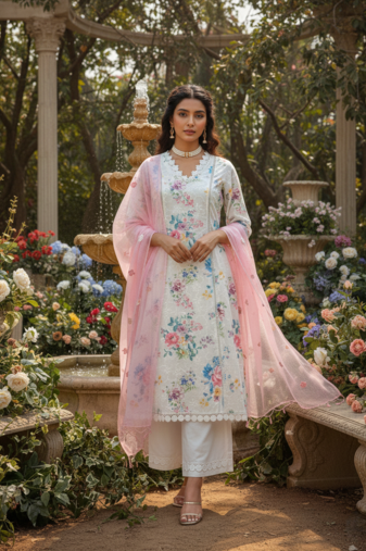 Schiffli Printed suit with crochet lace detailing comes with Kota Doria Dupatta and Cotton Palazzos Set of 3