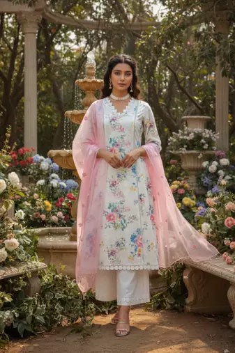 Schiffli Printed suit with crochet lace detailing comes with Kota Doria Dupatta and Cotton Palazzos Set of 3
