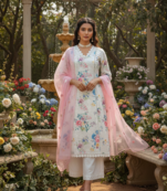 Schiffli Printed suit with crochet lace detailing comes with Kota Doria Dupatta and Cotton Palazzos Set of 3